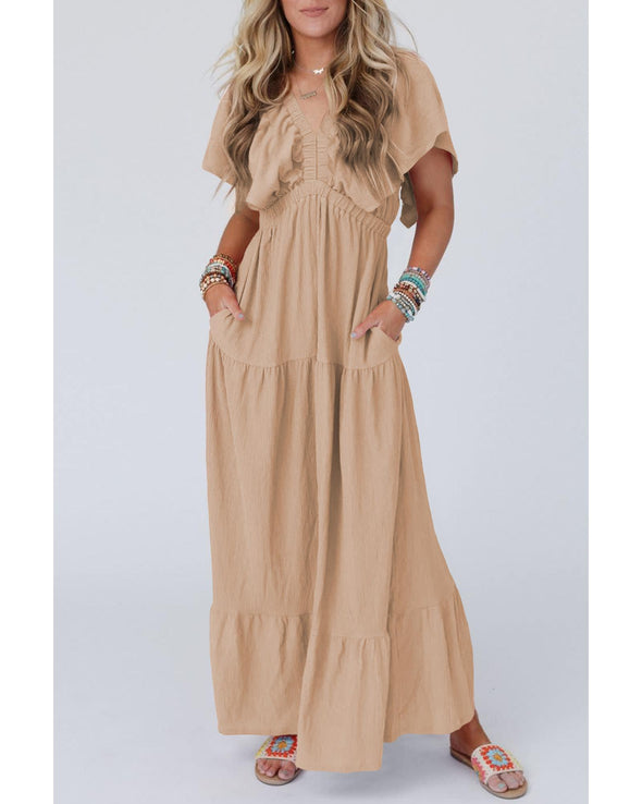 Parchment Textured V Neck Flutter Sleeve Ruffled Maxi Dress - 2XL