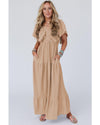 Parchment Textured V Neck Flutter Sleeve Ruffled Maxi Dress - XL