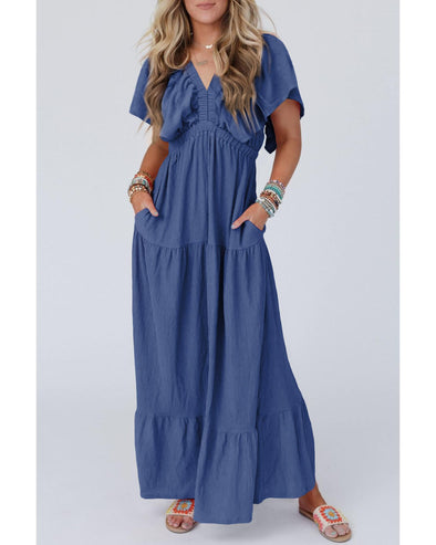 Navy Blue Textured V Neck Flutter Sleeve Ruffled Maxi Dress - M