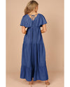 Navy Blue Textured V Neck Flutter Sleeve Ruffled Maxi Dress - S