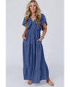 Navy Blue Textured V Neck Flutter Sleeve Ruffled Maxi Dress - S