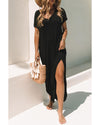 Black V Neck Hidden Pocket Splits Maxi T-shirt Dress - L