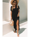 Black V Neck Hidden Pocket Splits Maxi T-shirt Dress - M