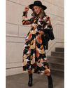 Orange Floral Print Tie Neck Long Sleeve Dress - L