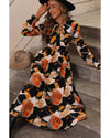 Orange Floral Print Tie Neck Long Sleeve Dress - L