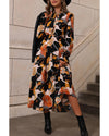 Orange Floral Print Tie Neck Long Sleeve Dress - L