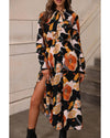 Orange Floral Print Tie Neck Long Sleeve Dress - L
