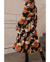 Orange Floral Print Tie Neck Long Sleeve Dress - L