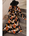 Orange Floral Print Tie Neck Long Sleeve Dress - M