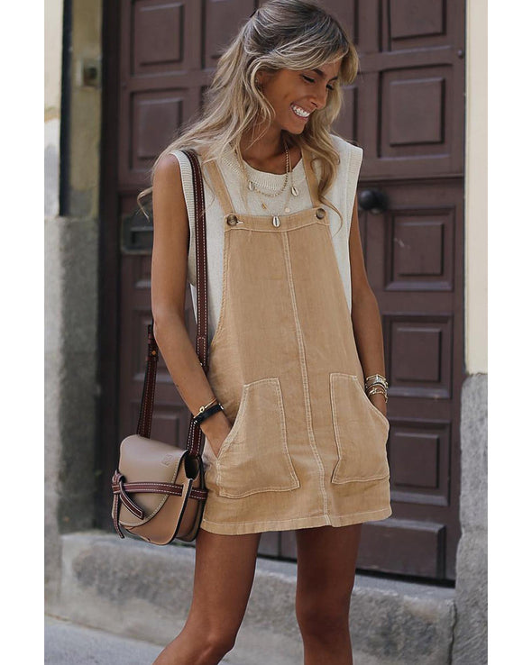 Parchment Side Buttons Sleeveless Overall Mini Dress - L