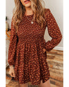Brown Floral Smocked Bodice Mini Dress - M