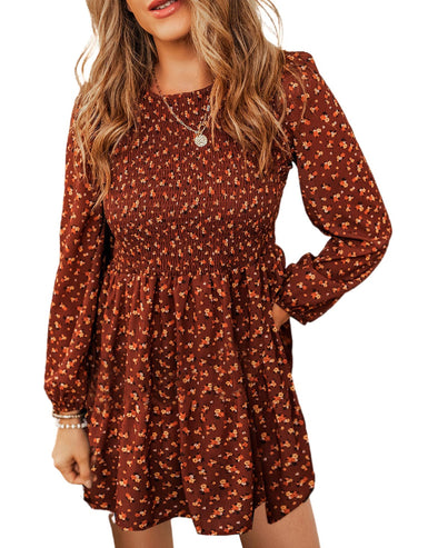 Brown Floral Smocked Bodice Mini Dress - XL