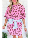 Pink Leopard Mineral Wash Side Pocket Shift Mini Dress - M