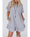 Light Grey Lace Floral Patchwork Ruffled T-shirt Dress - M