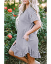 Light Grey Lace Floral Patchwork Ruffled T-shirt Dress - M