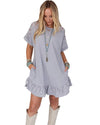 Light Grey Lace Floral Patchwork Ruffled T-shirt Dress - M