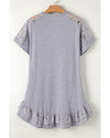 Light Grey Lace Floral Patchwork Ruffled T-shirt Dress - M