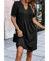 Black Notched Neck Pleated Puff Sleeve Shift T-shirt Dress - S