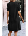 Black Notched Neck Pleated Puff Sleeve Shift T-shirt Dress - S