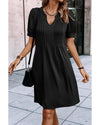 Black Notched Neck Pleated Puff Sleeve Shift T-shirt Dress - S