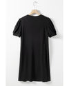 Black Notched Neck Pleated Puff Sleeve Shift T-shirt Dress - S