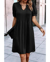 Black Notched Neck Pleated Puff Sleeve Shift T-shirt Dress - S