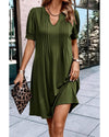 Fern Green Notched Neck Pleated Puff Sleeve Shift T-shirt Dress - S