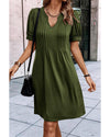 Fern Green Notched Neck Pleated Puff Sleeve Shift T-shirt Dress - S