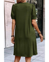 Fern Green Notched Neck Pleated Puff Sleeve Shift T-shirt Dress - S