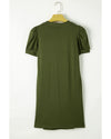 Fern Green Notched Neck Pleated Puff Sleeve Shift T-shirt Dress - S