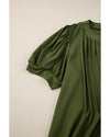 Fern Green Notched Neck Pleated Puff Sleeve Shift T-shirt Dress - S