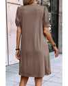 Desert Palm Notched Neck Pleated Puff Sleeve Shift T-shirt Dress - S