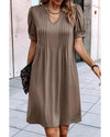 Desert Palm Notched Neck Pleated Puff Sleeve Shift T-shirt Dress - S