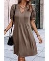 Desert Palm Notched Neck Pleated Puff Sleeve Shift T-shirt Dress - S