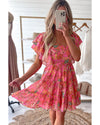 Pink Floral Square Neck Ruffle Sleeve Tiered Dress - L