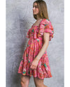 Pink Floral Square Neck Ruffle Sleeve Tiered Dress - L