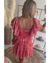 Pink Floral Square Neck Ruffle Sleeve Tiered Dress - M