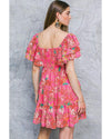 Pink Floral Square Neck Ruffle Sleeve Tiered Dress - M