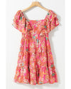Pink Floral Square Neck Ruffle Sleeve Tiered Dress - XL