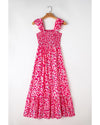 Pink Leopard Ruffle Straps Smocked High Waist Long Dress - L