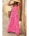 Pink Leopard Ruffle Straps Smocked High Waist Long Dress - M