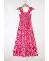 Pink Leopard Ruffle Straps Smocked High Waist Long Dress - M