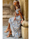 Blue Boho Paisley Print Off Shoulder Maxi Dress - S
