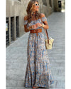 Blue Boho Paisley Print Off Shoulder Maxi Dress - S