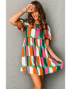Green Abstract Print Puff Sleeve Short Dress - L
