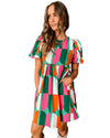 Green Abstract Print Puff Sleeve Short Dress - M