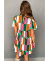Green Abstract Print Puff Sleeve Short Dress - M