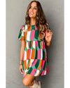 Green Abstract Print Puff Sleeve Short Dress - M