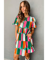 Green Abstract Print Puff Sleeve Short Dress - M