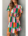 Green Abstract Print Puff Sleeve Short Dress - M